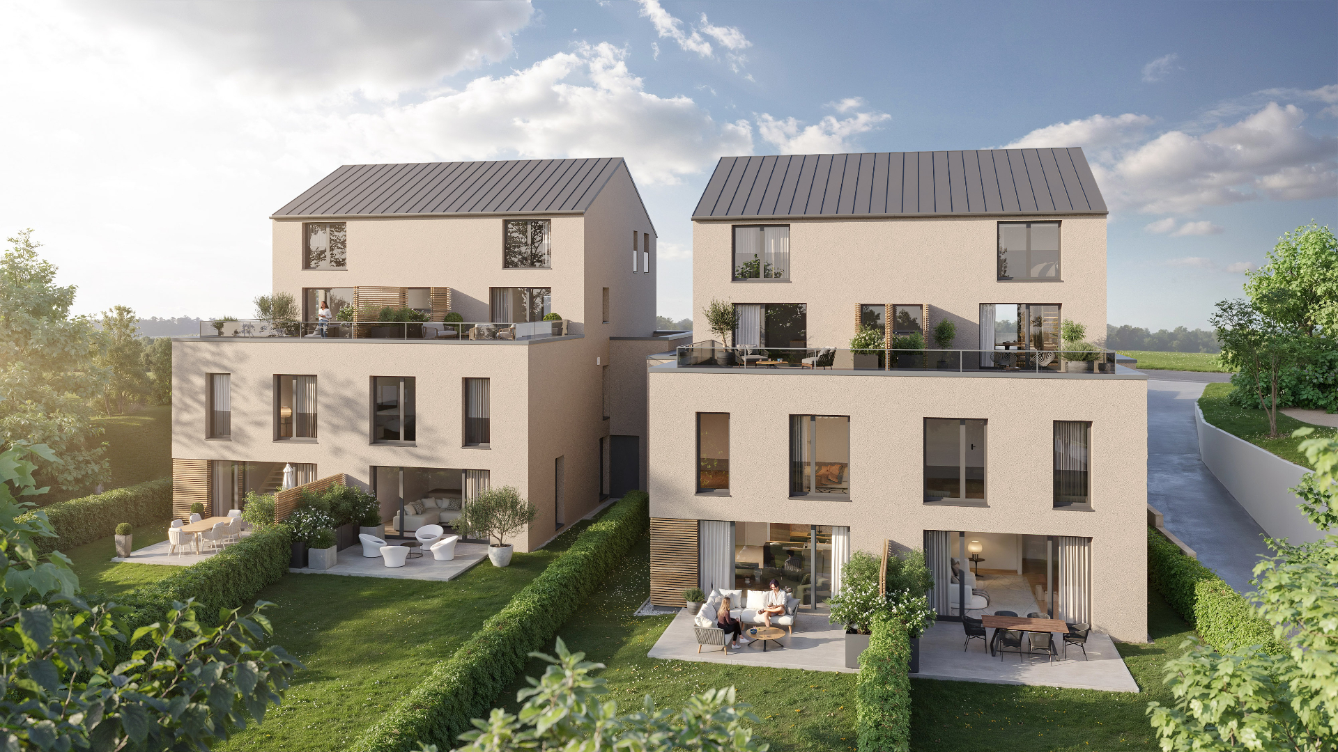 Rendu 3D des duplex AM GAART vus depuis les jardins